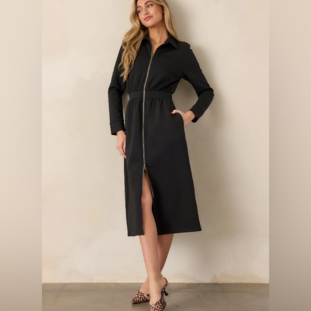 Red Dress Boutique Lost In The Moment Black Long Sleeve Midi Medium Zip-Up Dress